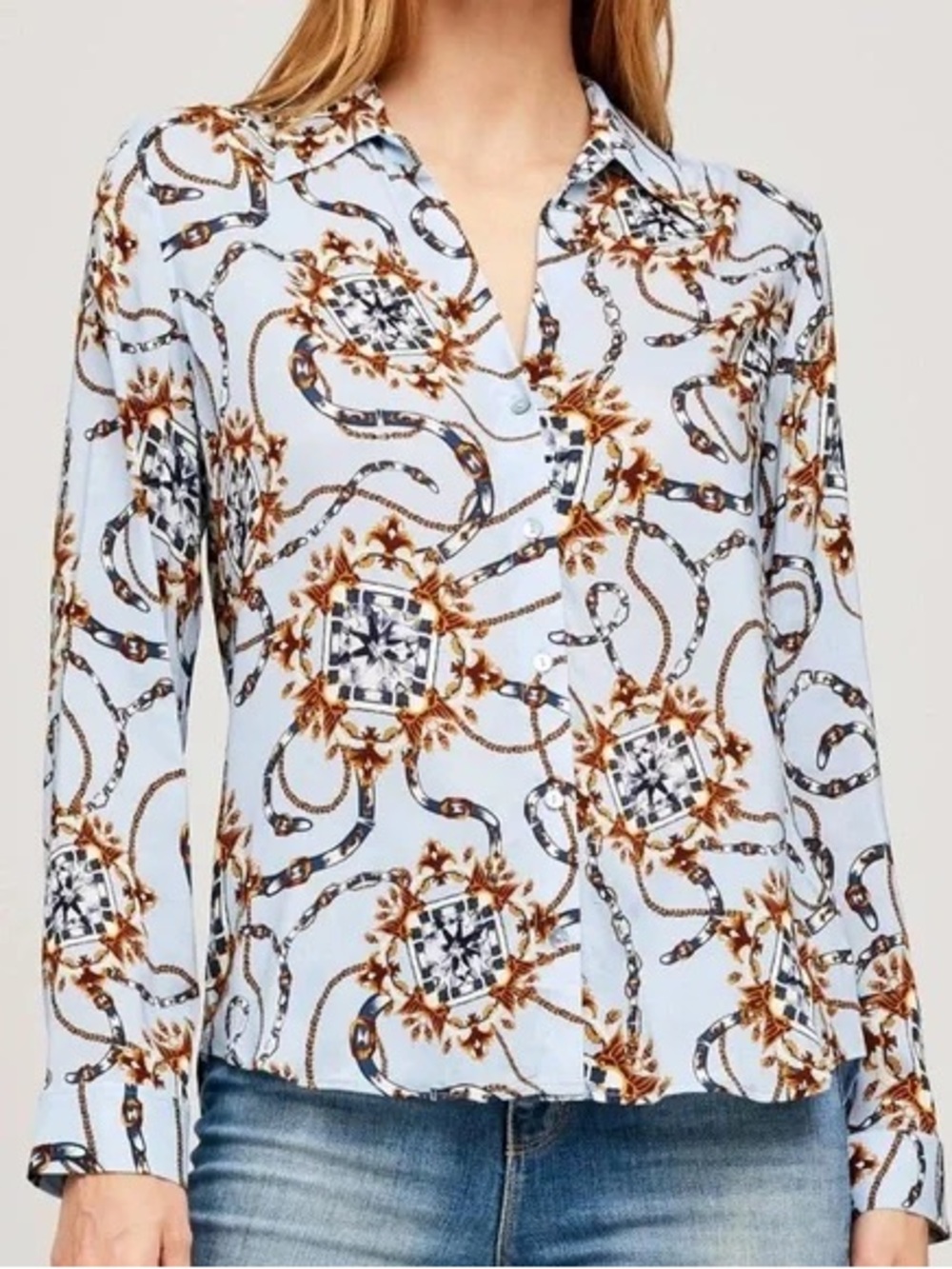 L'AGENCE Light Blue Chain & Medallion Print Button-Down Blouse